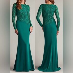NEW Tadashi Shoji Embroidered Leaf Print Long Sleeve green Gown Sz 10